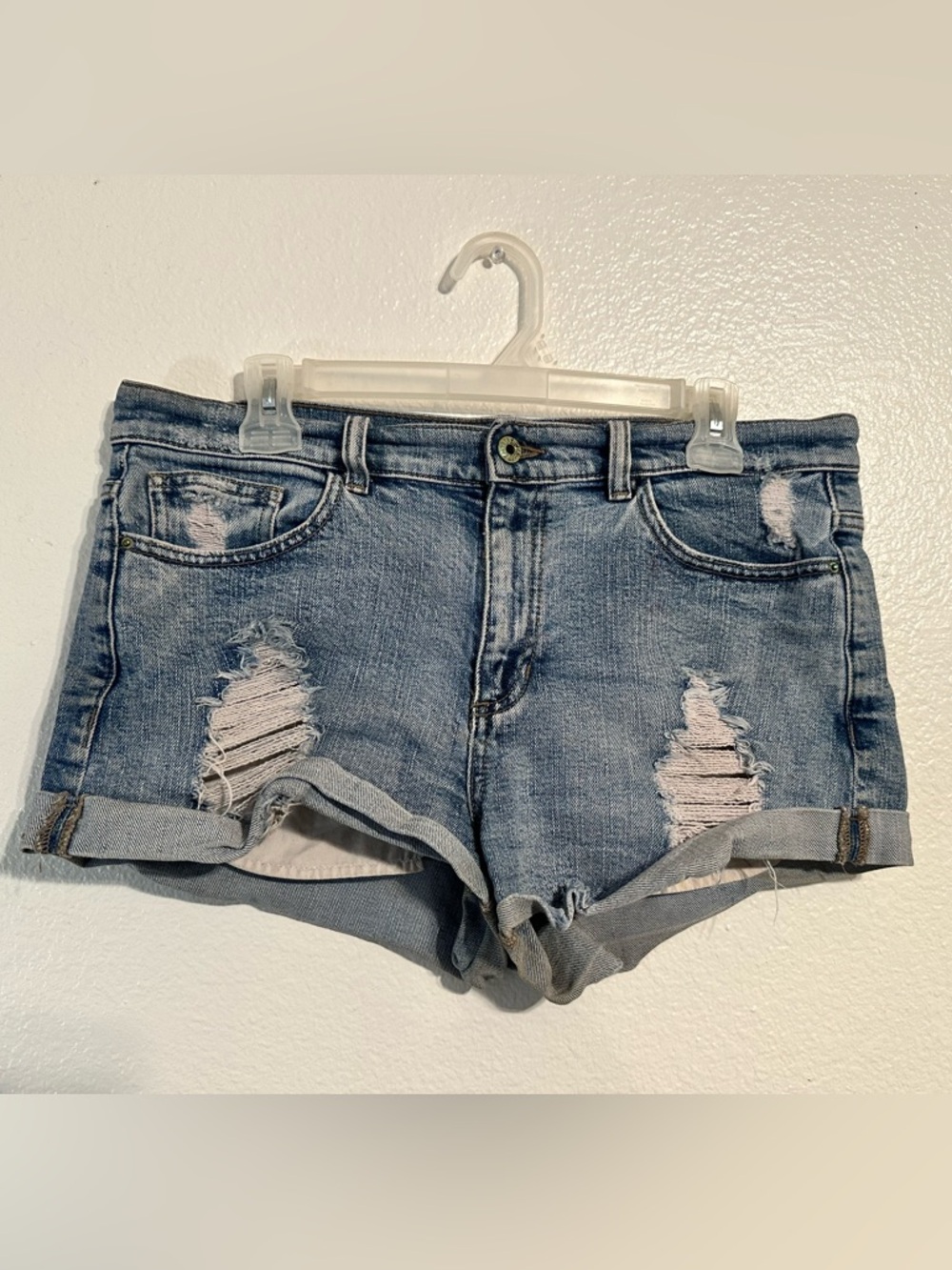 Sneak Peek Distressed Rolled Hem Denim Shorts - Blue